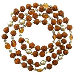 Rahu Mala | Rudraksha Beads - Gomed / Hessonite Gemstone Beads Combination Mala Rosary, Rahu ( Dragon's Head ) Necklace with Silver accessories