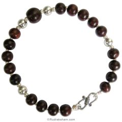 Red Sandalwood Bracelet 7 mm | Red Chandan Wrist Bracelet | Plain Round Smooth Lal - Rakta Chandan Beads Bracelet with Silver Balls Accessories