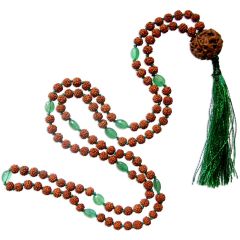  Rudraksha Beads - Emerald Gemstone Beads Combination Mala Rosary Hand knotted in Thread With 4 Mukhi Rudraksha, Mercury Mala / Budh Mala, Budha Japa Mala
