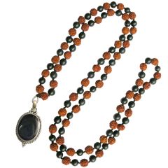 Natural Black Agate ( Kali Hakik ) Stone & Rudraksha Beads Mala Necklace with Black Onyx Stone Silver Pendant | Handknotted Agate Mala