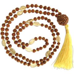 Rudraksha Beads - Golden Topaz Gemstone Beads Combination Mala Rosary Hand knotted in Thread With 5 Mukhi Rudraksha,  Jupiter Mala / Guru Mala, Vrihaspati / Brihaspati Mala
