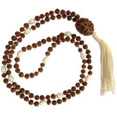  Rudraksha Beads – Pearl ( Moti ) combination Mala Rosary Hand knotted in Thread With 2 Mukhi Indian Rudraksha Bead, Moon Mala / Chandra Mala
