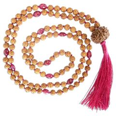 Rudraksha Beads – Ruby ( Manik / Manak ) Gemstone Beads Combination Mala Rosary Hand Knotted in Thread with 12 Mukhi Rudraksha Nepal, Sun mala / Surya Japa Mala