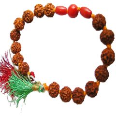 Rudraksha Beads and Red Coral Gemstone Bracelet, Hand Knotted Thread Bracelet with Silver Hook, Mars / Mangal Planet Gemstone - Coral