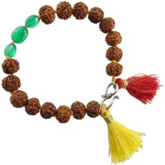 Rudraksha Beads and Green Onyx Gemstone Bracelet, Hand knotted Thread Bracelet with Silver Hook, Mercury / Budh Planet Gemstone - Green Onyx