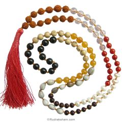 Rudraksha Multi Stone Beads Mala | Red Sandalwood ( Chandan ), Black Hakik ( Agate ), Yellow Aventurine, Quartz Crystal ( Sphatik ), Tulsi, White Vaijanti , Red Coral, Pearl Beads