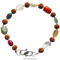 Rudraksha Navratna Bracelet with Silver Accessories, 9 Gemstone Bracelet | Navgrah Stone Bracelet, Ruby, Pearl, Coral, Emerald, Golden Topaz, Sphatik, Blue Sapphire, Gomed & Cat's Eye