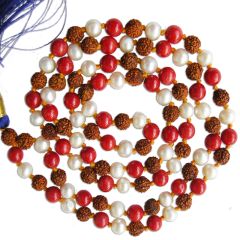  Rudraksha-Pearl-Coral Mala Thread | Rudraksha Moti Moonga Round Beads Necklace | 108 beads Rosary
