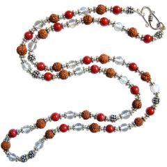 Rudraksha-Sphatik-Coral mala in Silver| Rudraksha Crystal / Quartz Stone Moonga Round Beads Necklace | 54 beads Mala Rosary