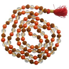 Rudraksha-Sphatik-Coral Mala Thread | Rudraksha Crystal / Quartz Stone Moonga Round Beads Necklace | 108 beads Mala Rosary