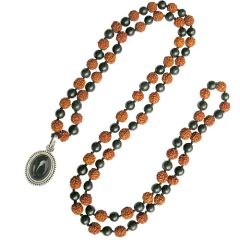 Natural Black Agate ( Kali Hakik ) Stone & Rudraksha Beads Mala Necklace with Black Onyx Stone Silver Pendant | Handknotted Agate Mala