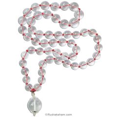 12 mm - 14 mm Natural Sphatik Hand Knotted Mala with Round Crystal Silver Pendant 18 mm | Original High Quality Clear Smooth Round Beads Quartz Stone Rosary with Large Sphatik Pendant