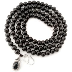 Natural Black Agate - Hakik Stone Beads Wrist Mala Bracelet with Black Onyx Silver Pendant | Original 108 Smooth Round Hakik Beads Bracelet with Silver Hook 