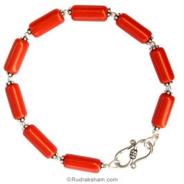 Red Coral Moonga Drum Beads Bracelet in Silver Rudraksham