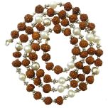 Moon Mala / Chandra Mala / Rudraksha Beads - White Pearl Gemstone Beads Combination Mala Rosary, Chandra / Moon Mala Necklace with silver accessories