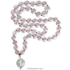 10 mm - 13 mm Natural Sphatik Hand Knotted Mala with Round Crystal Silver Pendant 18 mm | Original High Quality Clear Smooth Round Beads Quartz Stone Rosary with Large Sphatik Pendant